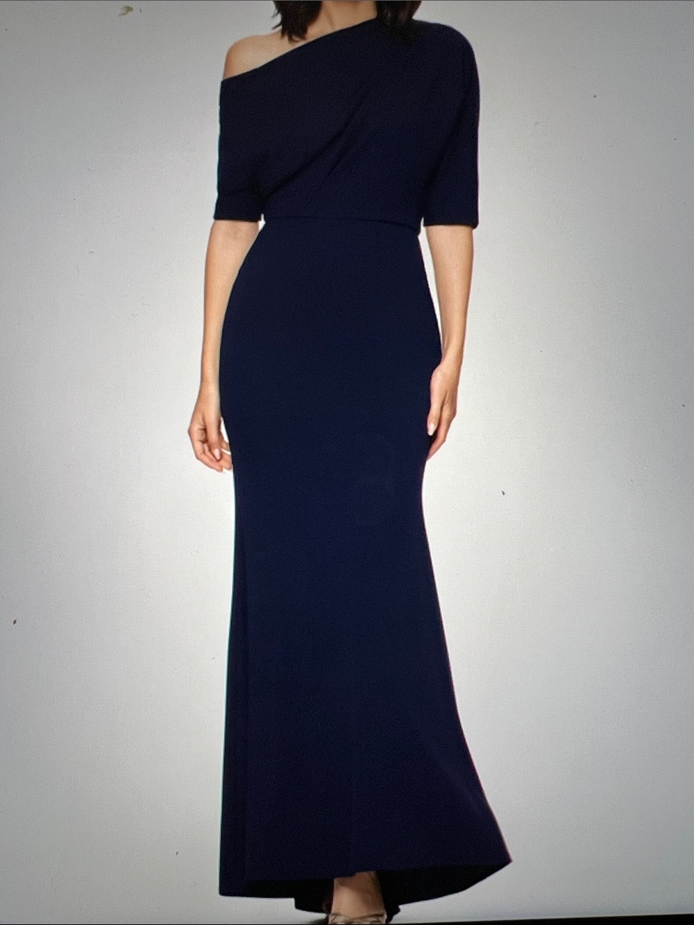 Madeline long scuba crepe off the shoulder dress. Betsy and Adam